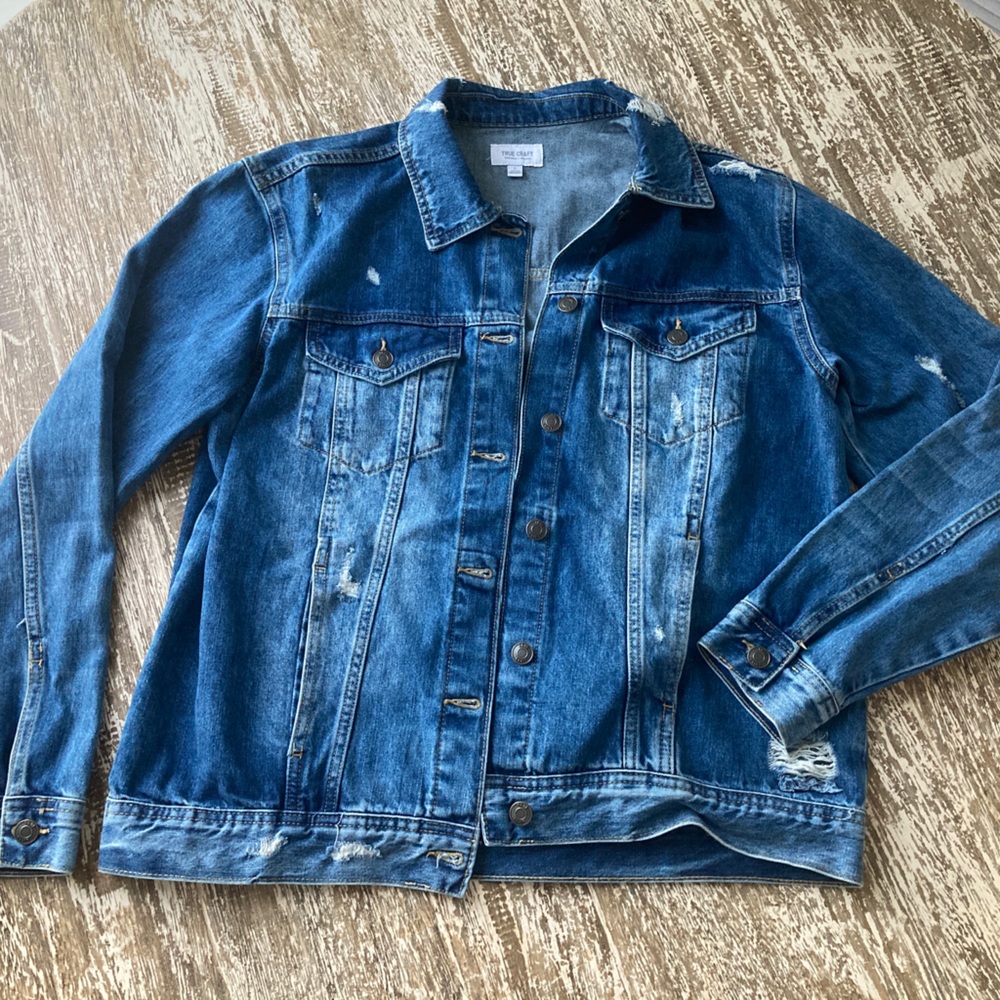 Womens distressed Denim Jacket by True Craft, Size Large